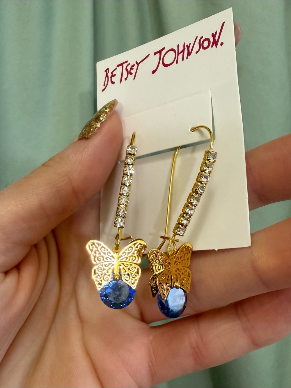 Betsey Johnson Gold Butterfly Earrings with Blue Stones and Crystals